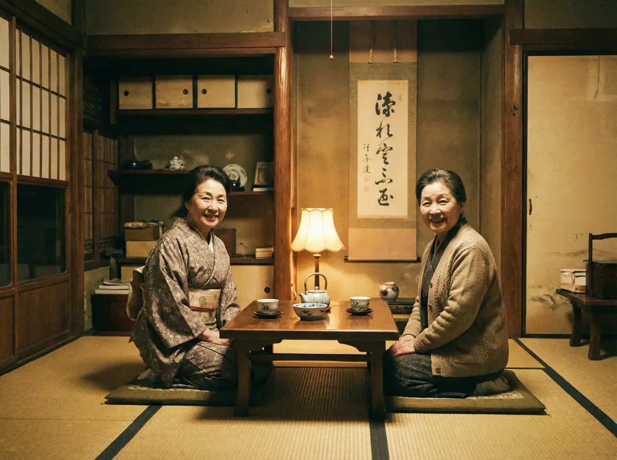 两位优雅的 saba体育 在日式茶室中品茶交谈